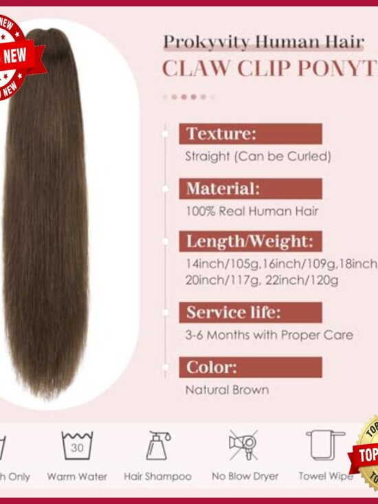 Human Hair Ponytail Extension with Claw Clip, 14 Inch, 105g main image 5